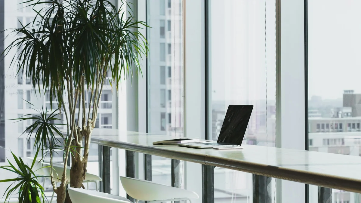 A bright modern workspace with a tall green plant, a laptop and papers on a long desk by floor-to-ceiling windows - a Quiet Core Reset guide to 5-Minute Reset.