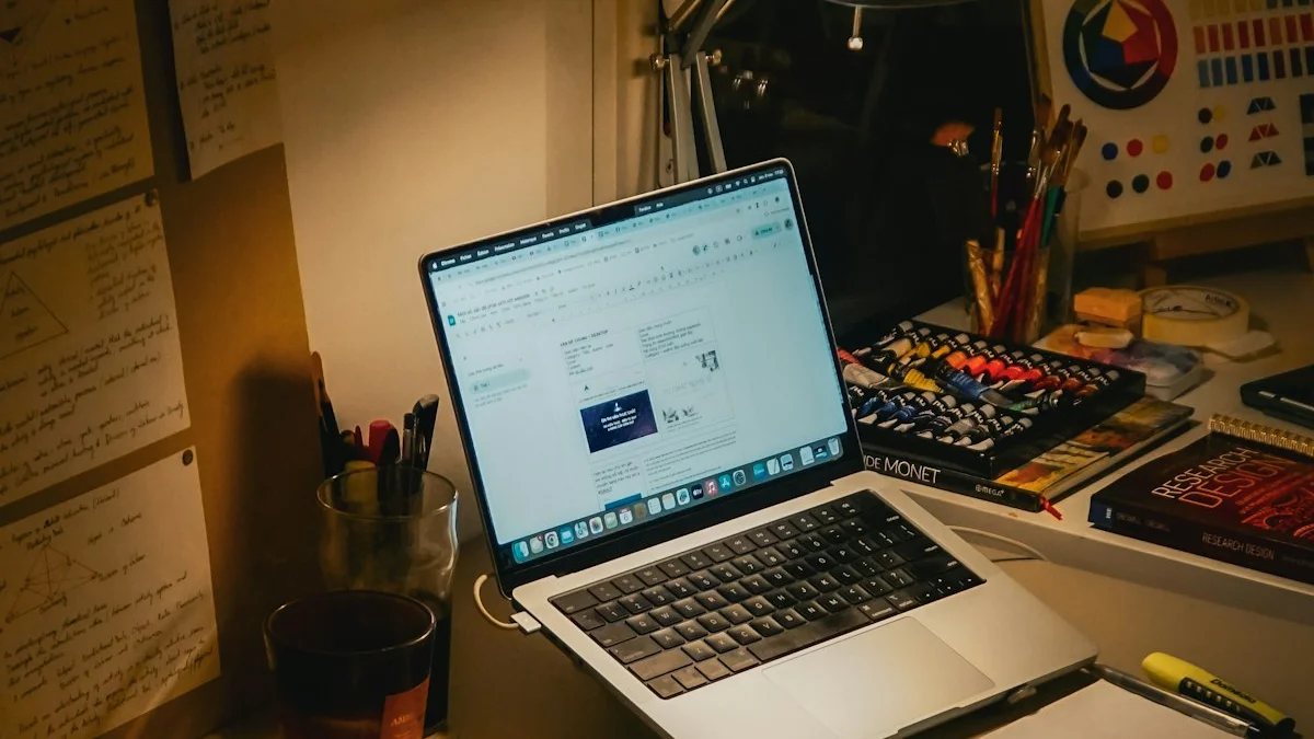 A laptop glowing on a lamplit desk late at night, surrounded by notes, papers and cold coffee - a Quiet Core Reset guide to 9 Signs You're Stuck in Hustle Culture.