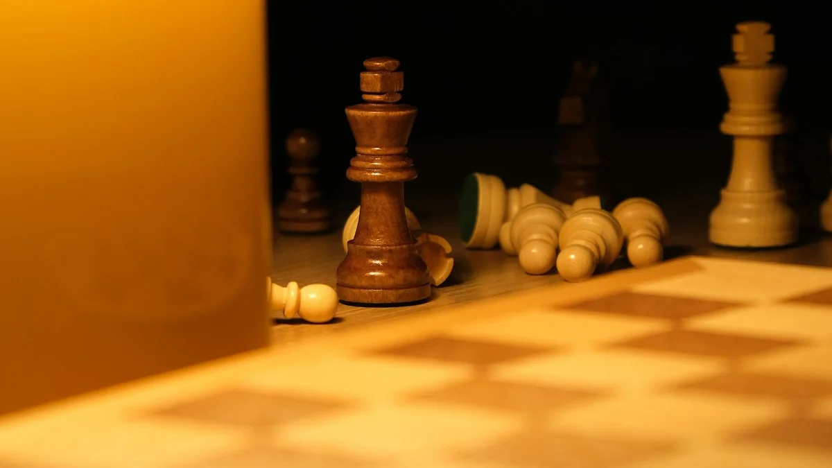 Wooden chess pieces in warm lamplight, one king still standing among fallen pawns - a Quiet Core Reset guide to Black and White Thinking: The Mental Trap That Drains You.