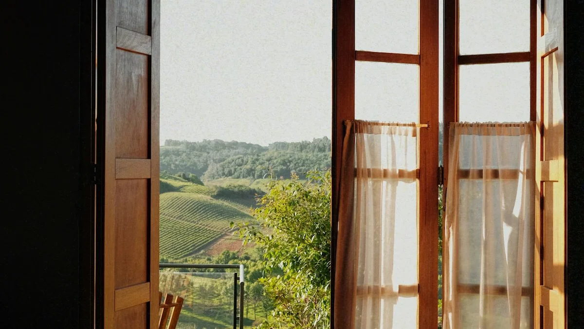 An open wooden door and curtained window looking out on soft green hills - a Quiet Core Reset guide to Boundaries and Saying No.