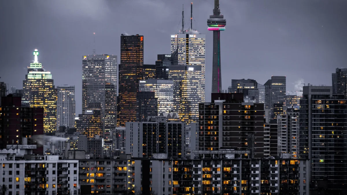 Apartment towers at dusk with dozens of warmly lit windows under a gray evening sky - a Quiet Core Reset guide to Falling Behind Is a Stress Signal, Not a Fact.