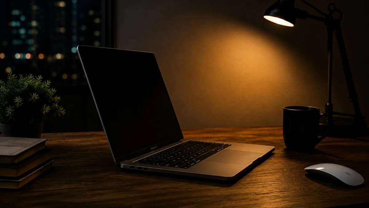 A laptop glowing on a desk late at night - a Quiet Core Reset guide to Family Energy for High Performers.