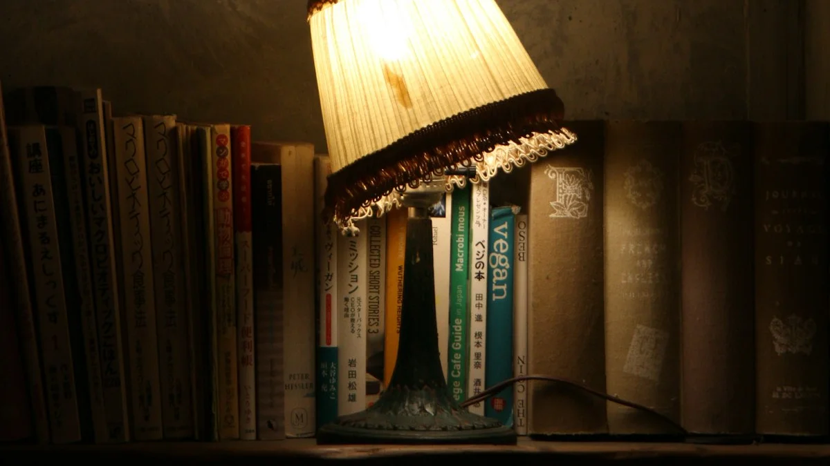 A single warm lamp glowing over a quiet shelf of books in a dim room - a Quiet Core Reset guide to How to Focus When Your Brain Won’t Cooperate.