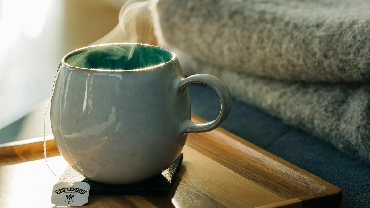 Steam rises from a mug of tea on a wooden tray beside a blanket on the couch in warm evening light - a Quiet Core Reset guide to How to Calm FOMO in 10 Minutes.