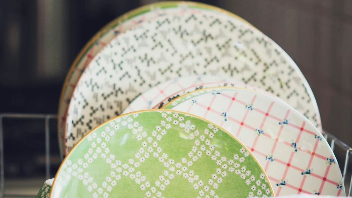 Patterned ceramic plates drying in a dish rack in soft window light - a Quiet Core Reset guide to Highlight Reel vs Real Life.