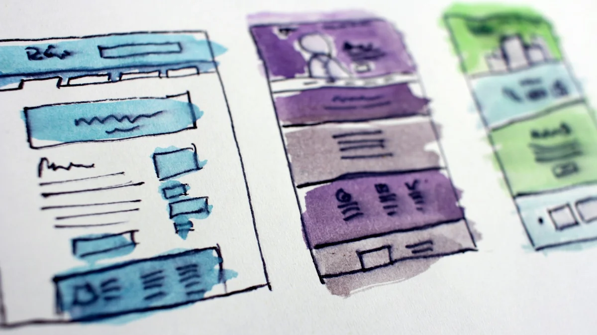 Colorful hand-drawn wireframe sketches of web pages on paper - a Quiet Core Reset guide to When Hustle Culture Has Already Burned You Out.