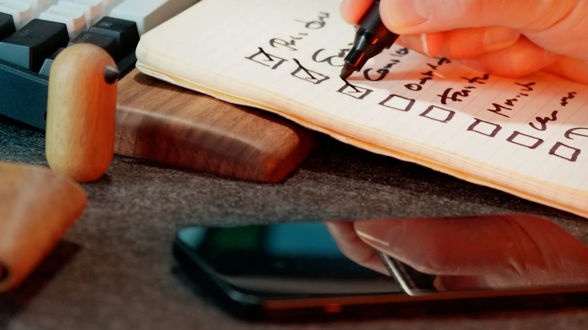 A hand ticking checkboxes in a paper notebook beside a keyboard in warm light - a Quiet Core Reset guide to The Hustle-Awareness Checklist.