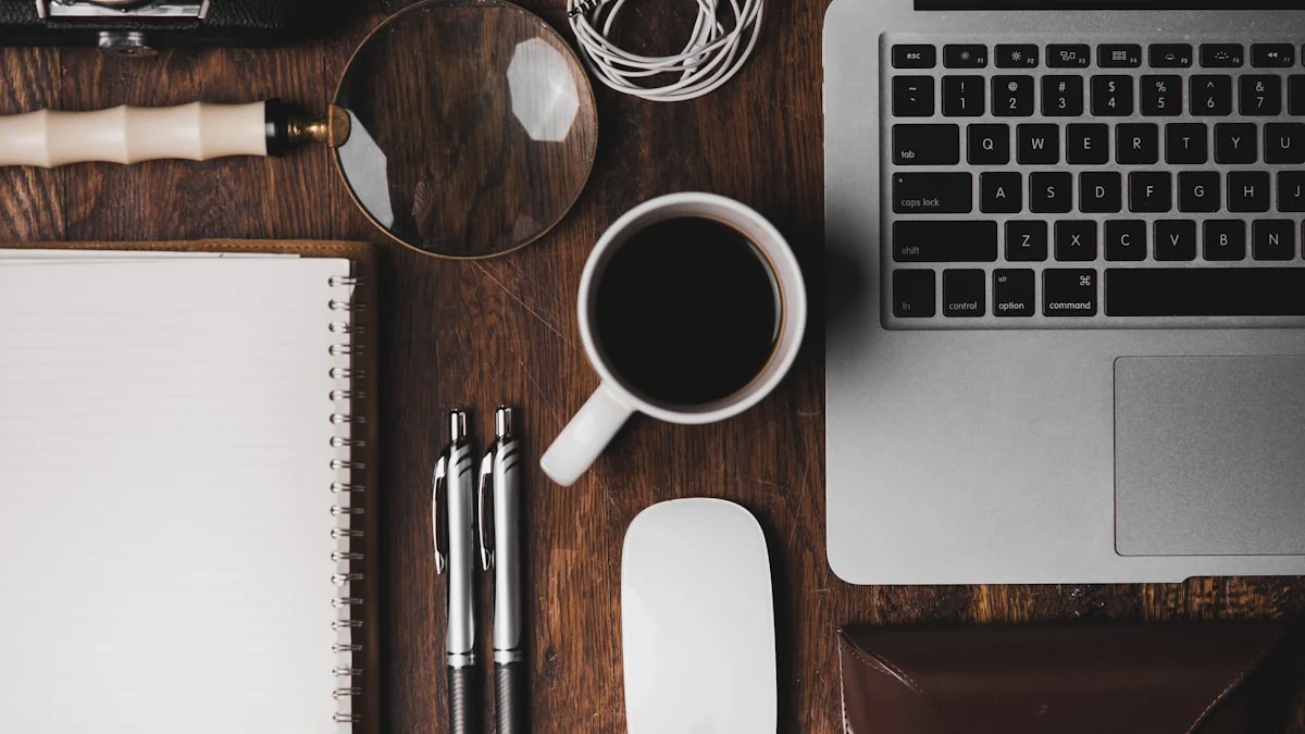 An overhead view of a founder desk on dark wood: blank notebook, pens, black coffee and a laptop - a Quiet Core Reset guide to Ambition Without the Grind.