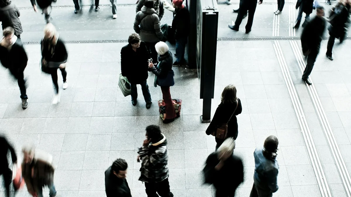 Commuters blurred mid-stride crossing a busy station concourse, everyone rushing somewhere - a Quiet Core Reset guide to Hustle Culture Explained Simply (No Jargon, No Judgment).