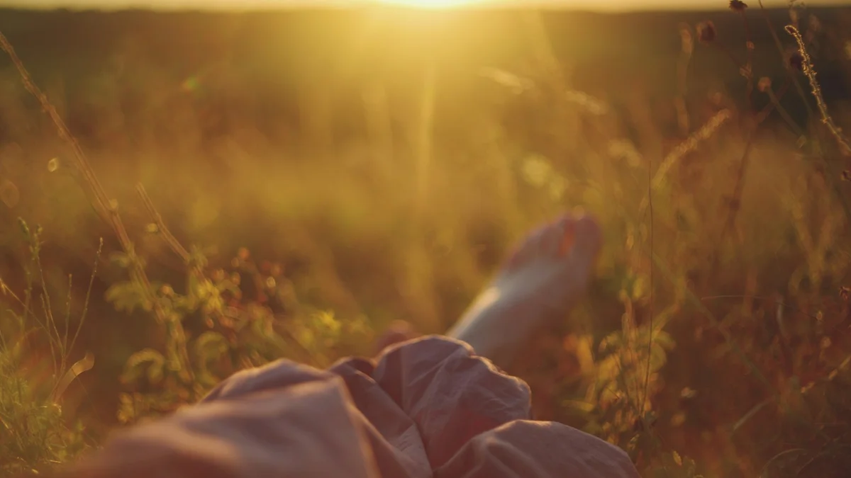 A person resting in tall golden grass at sunset - a Quiet Core Reset guide to Your Inner Critic When You're Already Burned Out (What Helps).