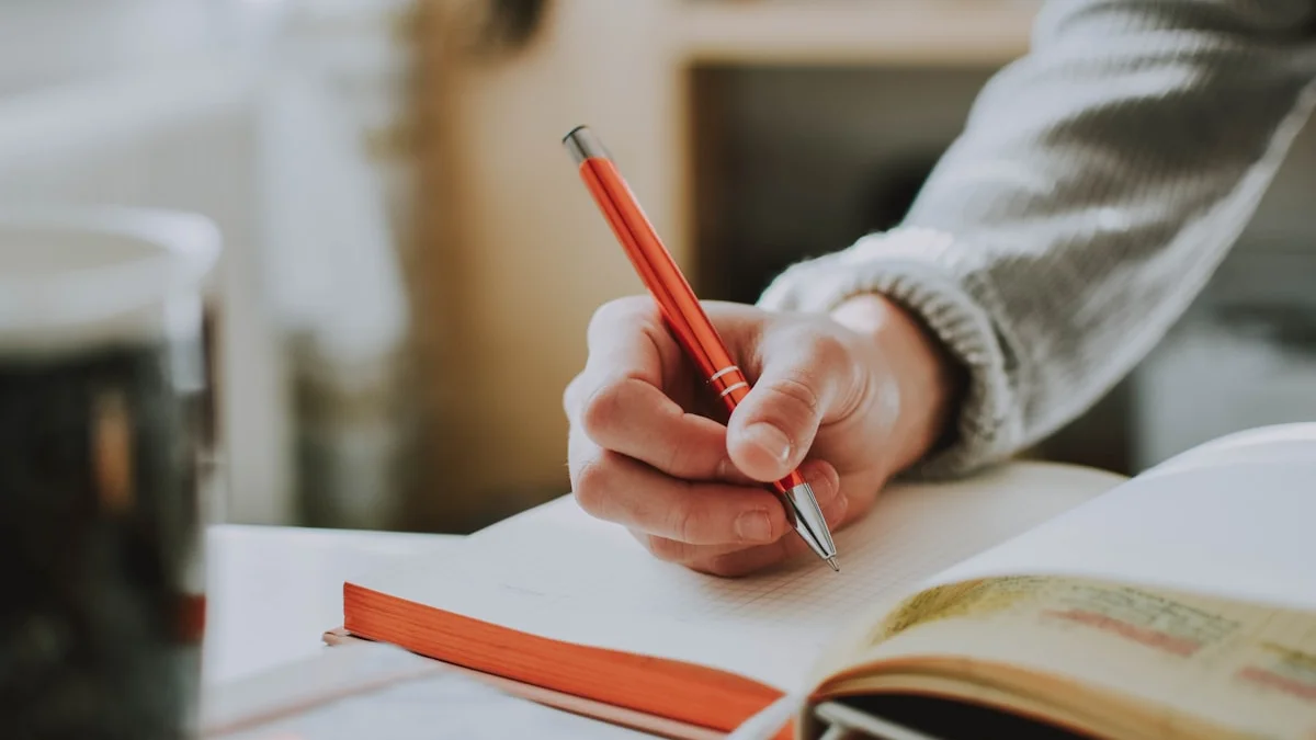 A hand writing in an open notebook with a red pen beside a warm mug - a Quiet Core Reset guide to Internal vs. External Boundaries.