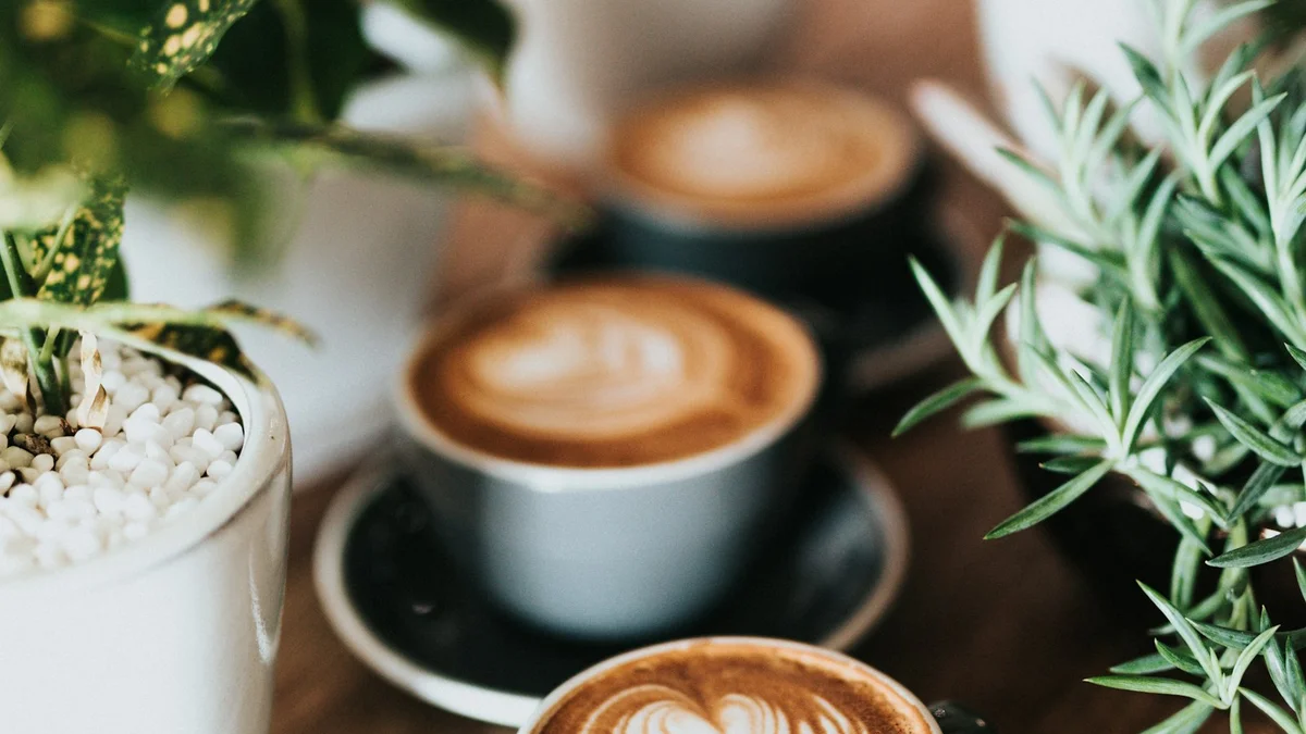 Two cups of coffee with latte art on a table between green plants - a Quiet Core Reset guide to How to Manage Your Energy, Not Your Time.