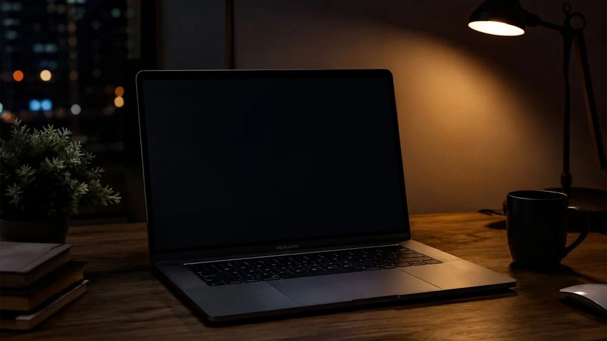 A lone laptop glowing under a desk lamp on a dark wooden desk at night - a Quiet Core Reset guide to The Myth of the Grind.