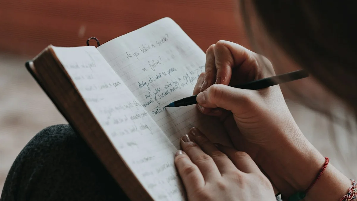 Close-up of hands writing with a pen in a small lined journal - a Quiet Core Reset guide to Name It to Tame It: The Science of Labeling Emotions.