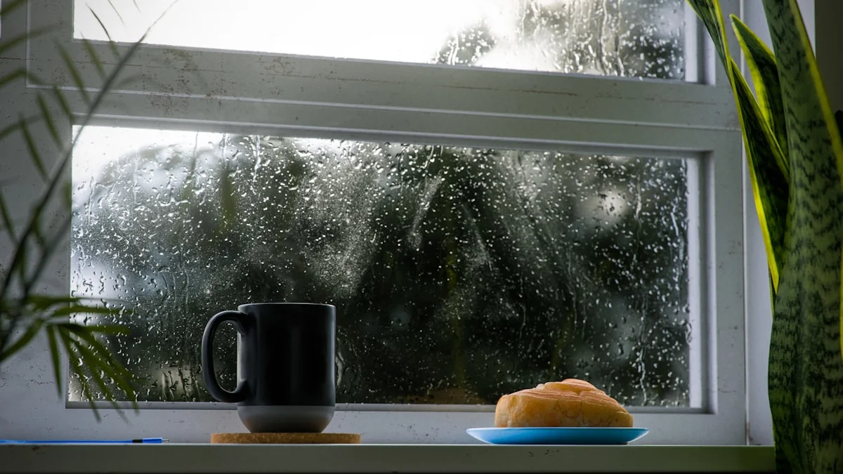 A dark mug and a bread roll resting on a windowsill beside a rain-streaked window - a Quiet Core Reset guide to One Slow Meal a Day.