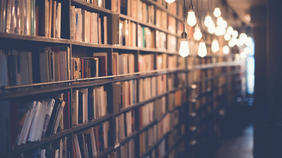 A wall of bookshelves lit by warm hanging bulbs, a cozy library - a Quiet Core Reset guide to Overcoming Perfectionism.