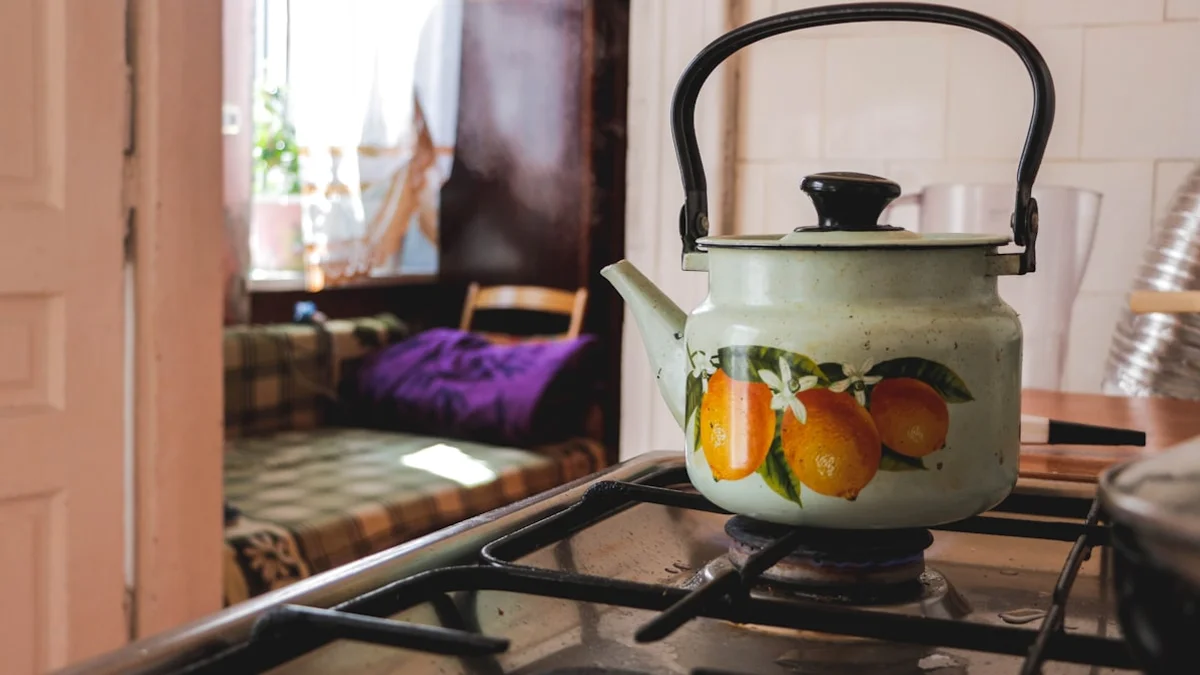 A vintage kettle waiting on a gas stove in a warm morning kitchen - a Quiet Core Reset guide to How to Recover From High-Functioning Exhaustion in 10 Minutes a Day.