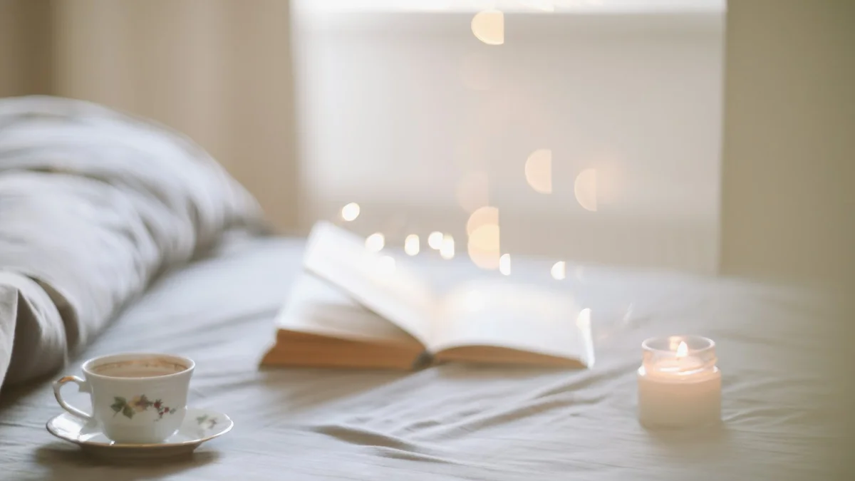 A cup of tea, an open book, and a lit candle on a white bed in soft light - a Quiet Core Reset guide to Rest Guilt: 12 Questions, Answered.