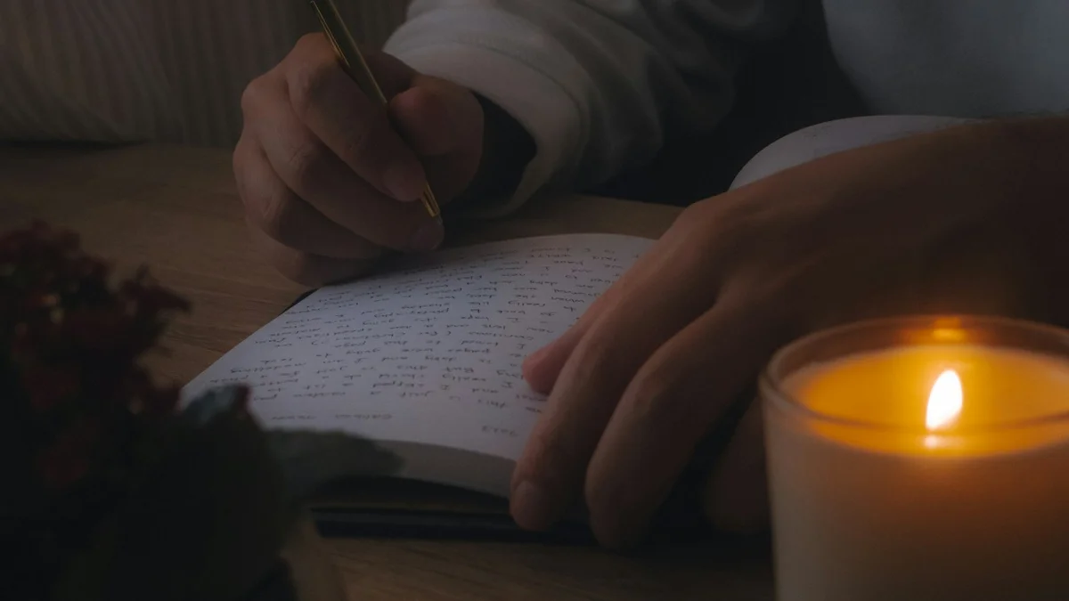 A person writing in a journal by warm candlelight - a Quiet Core Reset guide to 6 Mistakes People Make When Unlearning Rest Guilt.