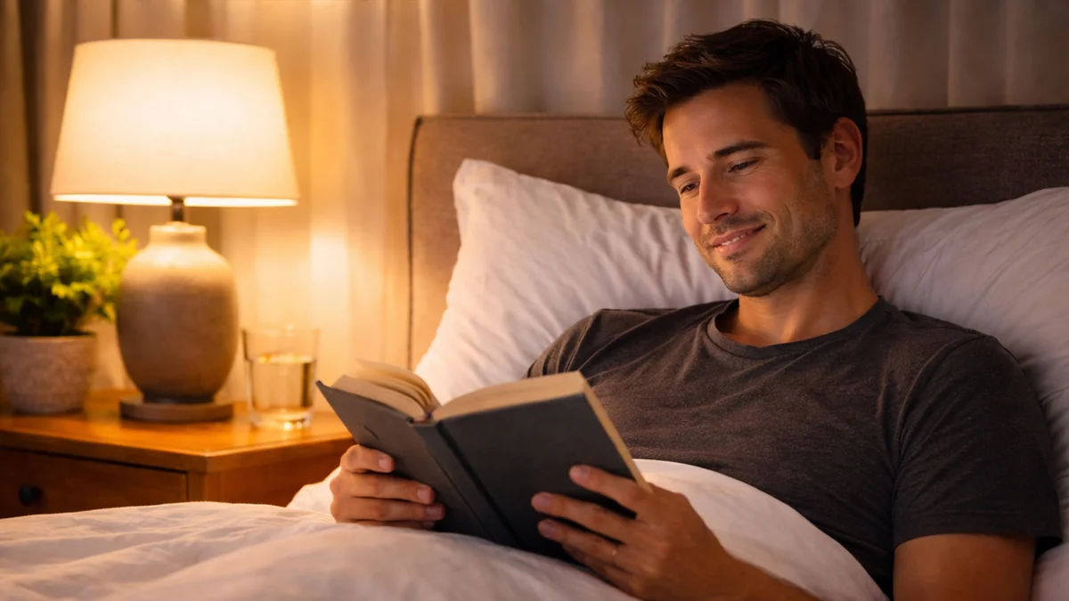 A man reading a paper book in bed at night beside a warm glowing lamp - a Quiet Core Reset guide to Beginner's Guide to Sleep Recovery.