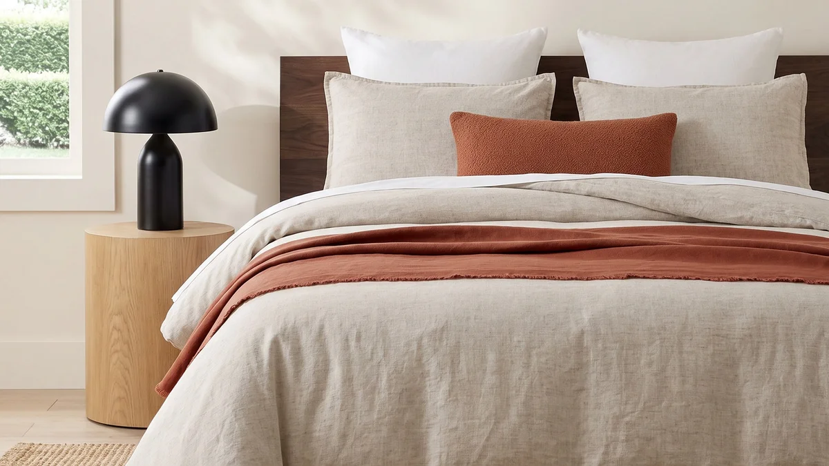 A tidy linen bed in soft daylight with neutral pillows and a small black lamp on a wooden side table - a Quiet Core Reset guide to Sleep Recovery Explained Simply.