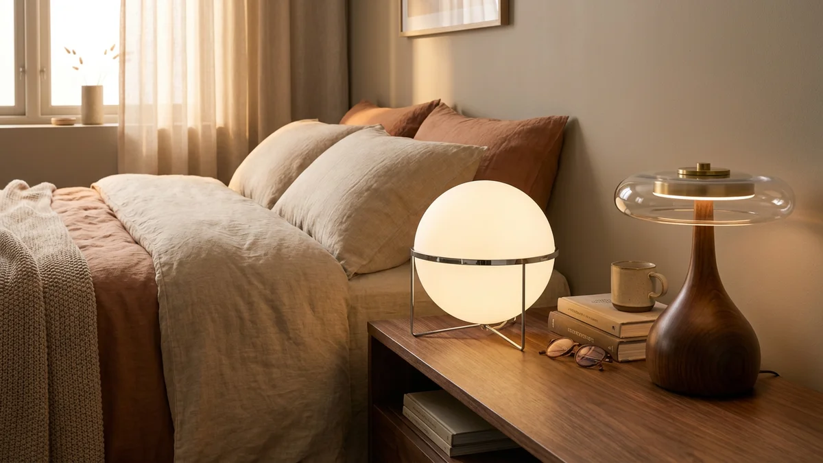 A calm nightstand with a glowing globe lamp, books, and a mug beside a beige bed - a Quiet Core Reset guide to Sleep Recovery vs. Sleep Hygiene.