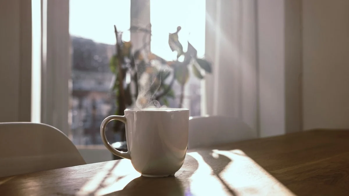 A steaming mug on a wooden table in soft morning sunlight beside a bright window - a Quiet Core Reset guide to What Science Says About Slowing Down.