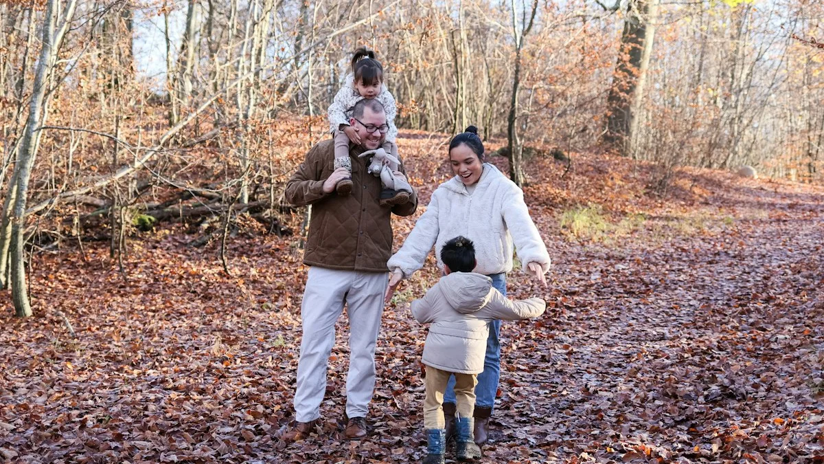 A family walking hand in hand through golden autumn leaves, a child riding on shoulders - a Quiet Core Reset guide to Slow Living for Parents: One Meal, One Walk, One Pause.
