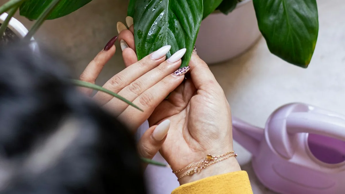 Hands gently cradling the leaf of a peace lily houseplant beside a small watering can - a Quiet Core Reset guide to Slow Living vs. Lazy.