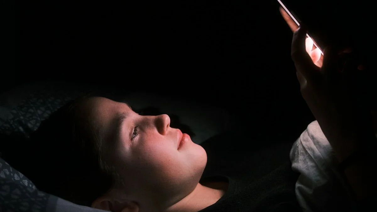 A woman lies in a dark bedroom at night, her face lit only by the phone held above her - a Quiet Core Reset guide to Social Media Comparison: When the Feed Sets Your Standard.