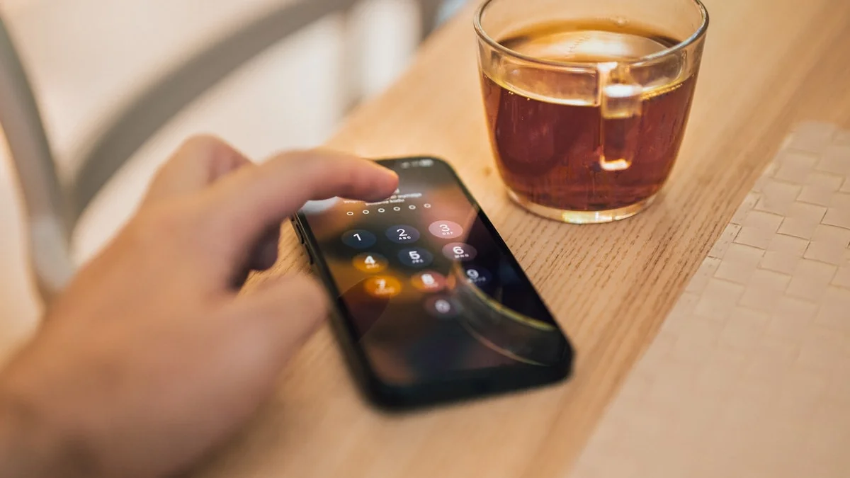 A hand reaching to unlock a phone lying on a warm wooden table beside a cup of tea - a Quiet Core Reset guide to The Subtle Signs of Comparison You Don't Notice.