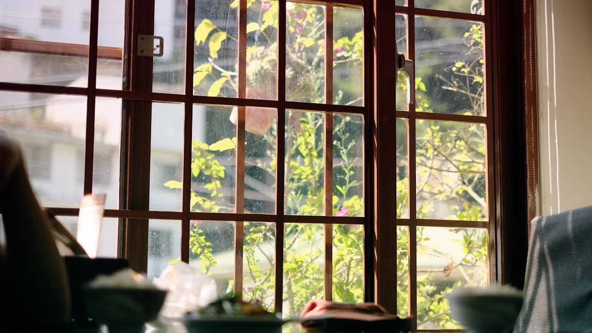 A candle burning on a table by a warm wooden window with the garden beyond - a Quiet Core Reset guide to ‘I’m Here’ Practice.