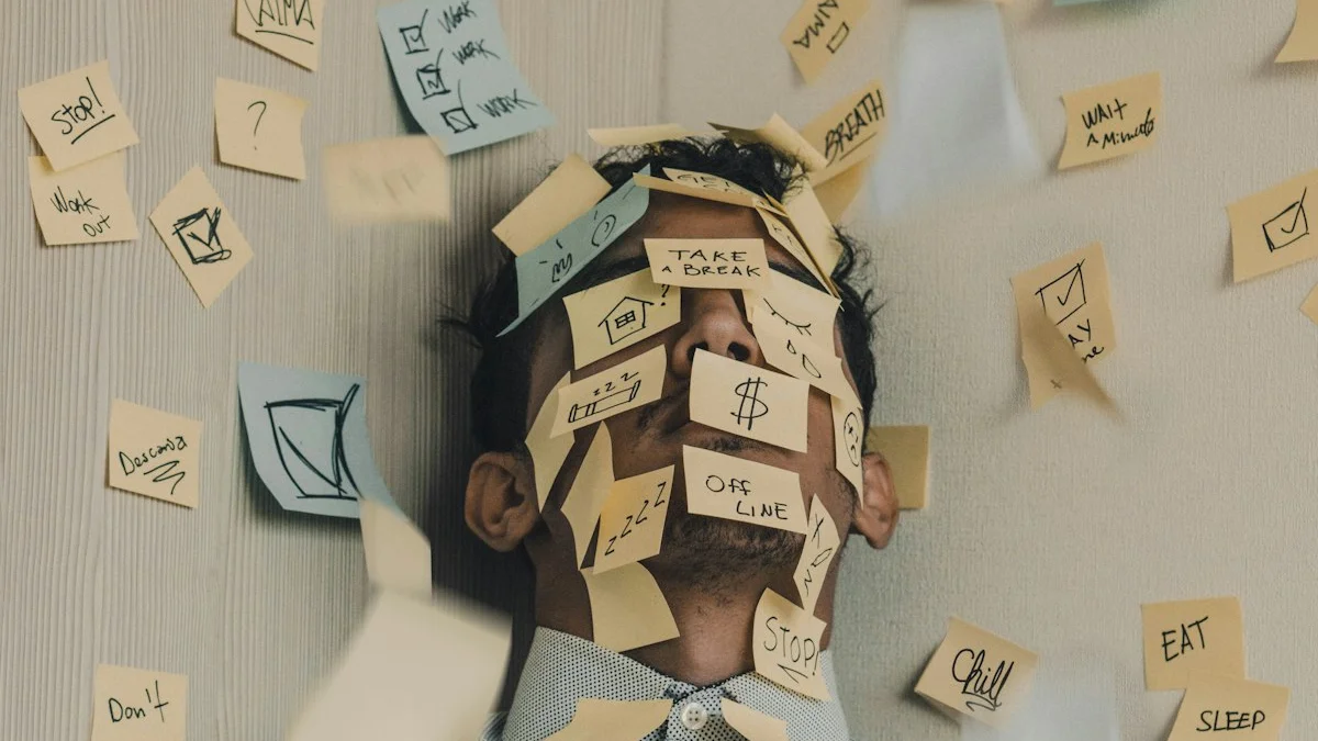 A man in a work shirt leaning back under a swarm of flying sticky-note tasks and reminders - a Quiet Core Reset guide to Hustle Culture.