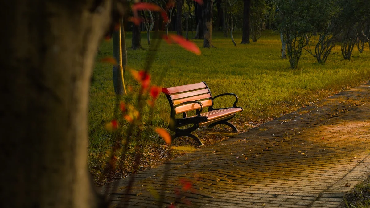 An empty wooden bench beside a path in a park in soft golden light - a Quiet Core Reset guide to White Space.