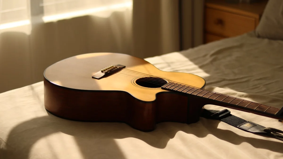 An acoustic guitar resting on a sunlit bed, waiting to be picked up again - a Quiet Core Reset guide to Why Nothing Feels Fun Anymore.