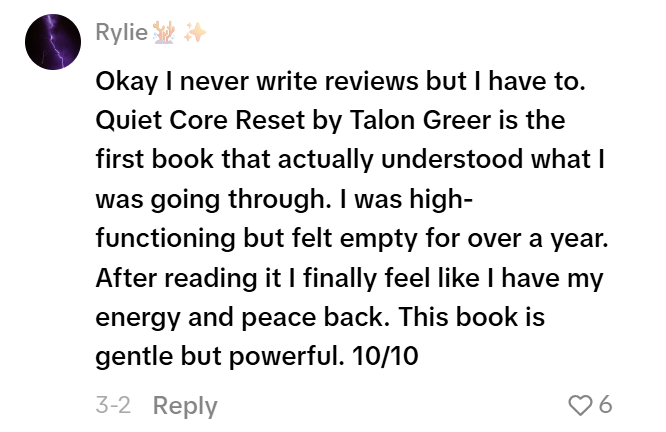 Reader review screenshot for Quiet Core Reset - Reddit post recommending the book that actually helped with quiet burnout.